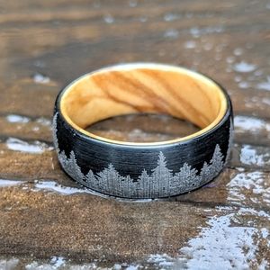 Tungsten steel ring with etched forest design